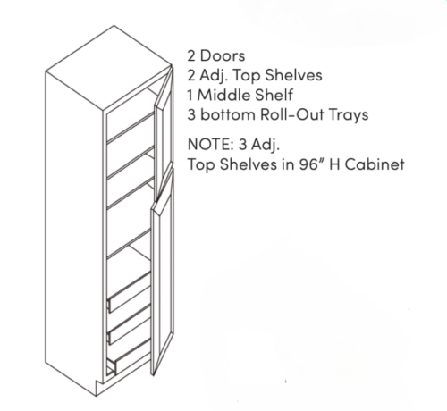 Diagram of a 2-door cabinet with adjustable shelves and pull-out trays.